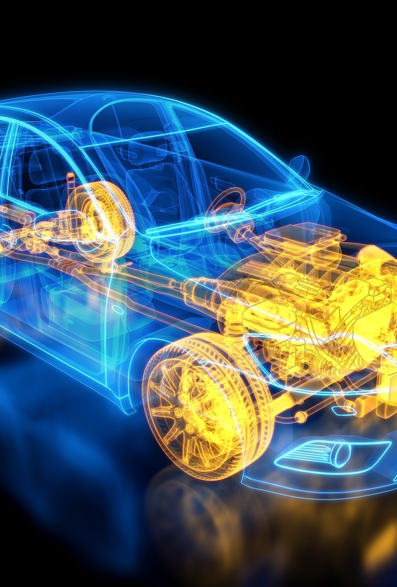 Durchsichtige Darstellung eines Autos mit sichtbarem Motor und Antriebssystem.