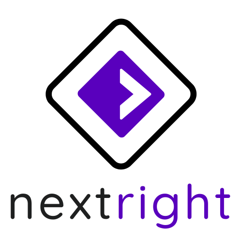 Logo von "nextright" mit lila und schwarzem Design, einer diagonalen Pfeil-Graphik.